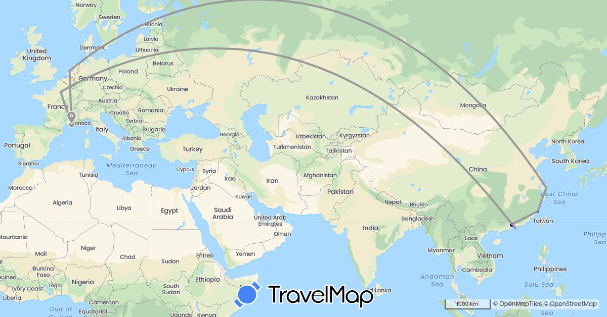 TravelMap itinerary: driving, plane, train in China, France, Netherlands (Asia, Europe)